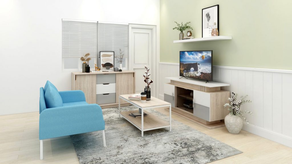 ruang tamu minimalis dengan tone hijau muda dan penggunaan furniture berkualitas sekelas IKEA